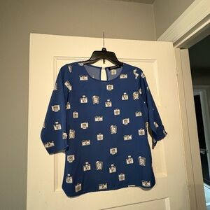 Boutique Blue Blouse with Camera Print